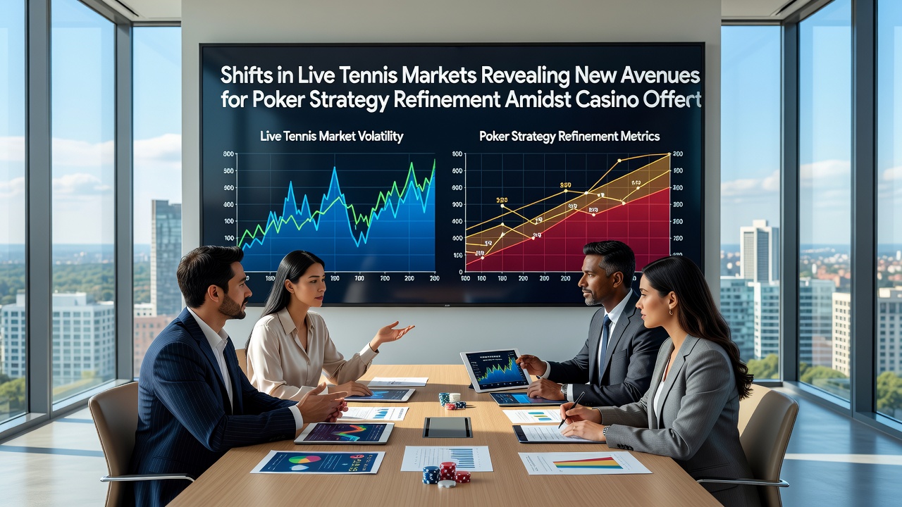 Poker players analyzing strategies in a casino setting with live tennis odds displayed on nearby screens